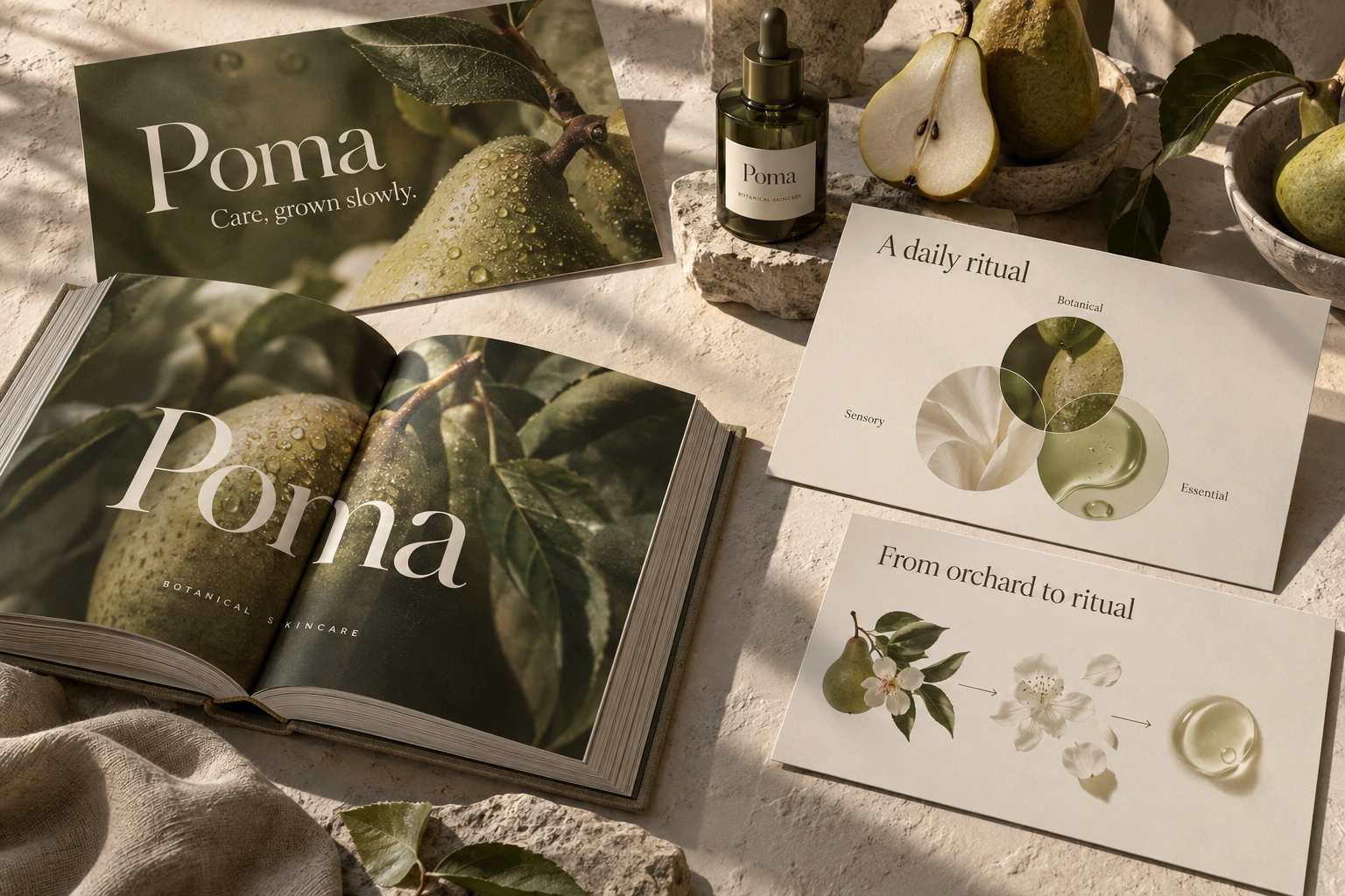 Poma botanical skincare brand book and three editorial presentation slides